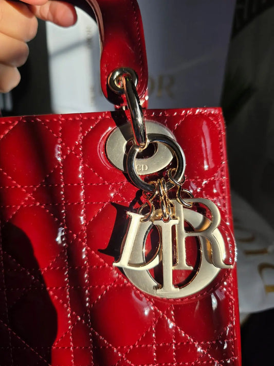 Christian Dior Lady Dior Medium Red Patent Leather Bag Preowned With Strap Theana