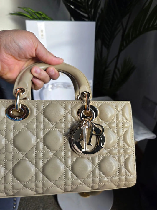 Christian Dior Lady D-Joy Medium Beige hue Lambskin Leather Bag-Preowned Theana