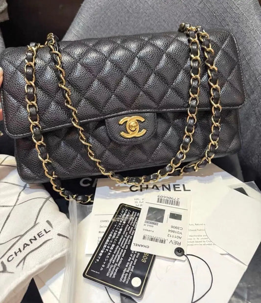 Chanel Medium Classic Flap Black Caviar Leather with Gold Hardware Shoptheana