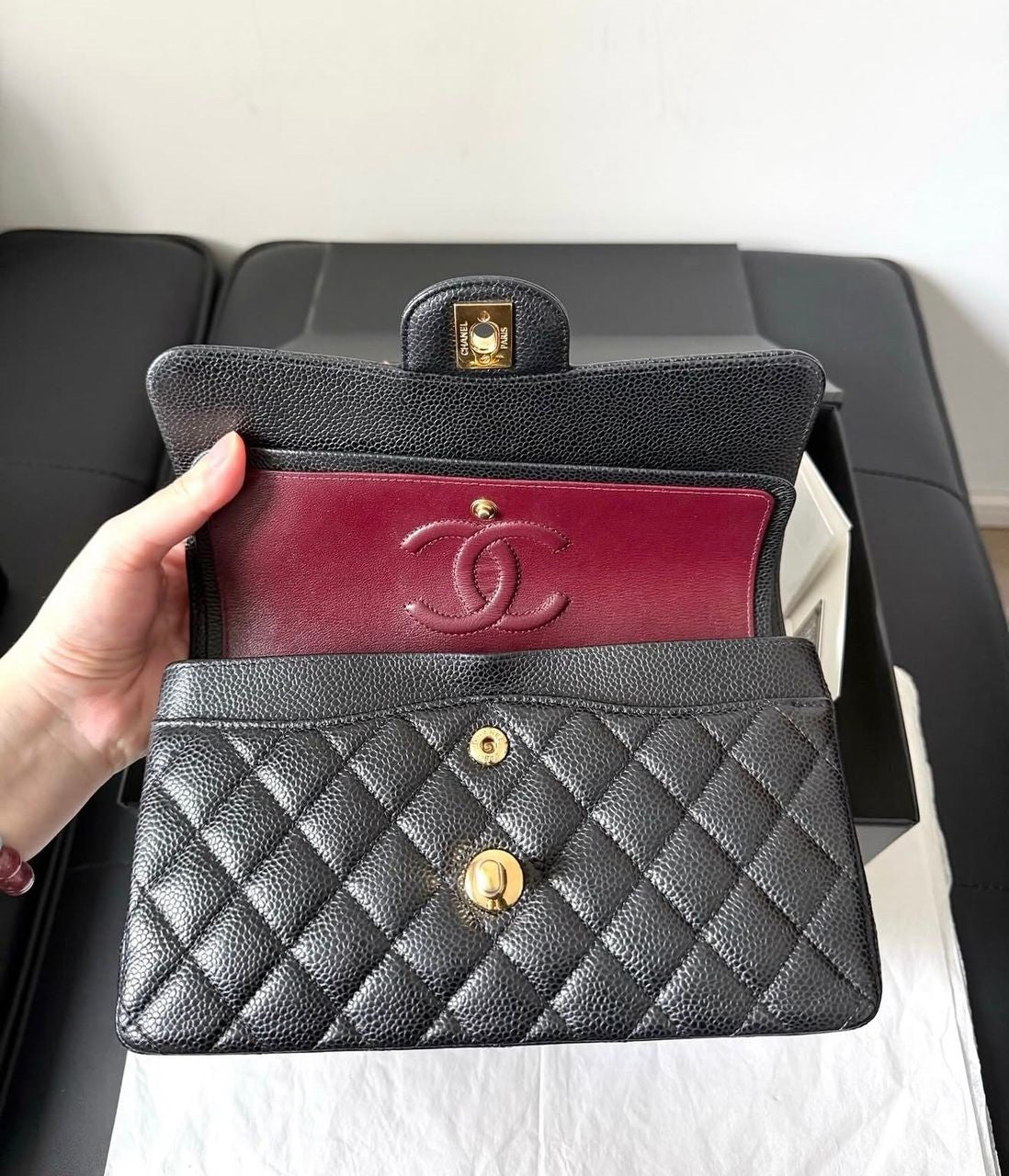 Chanel Small Classic Flap Black Caviar leather with Gold Hardware