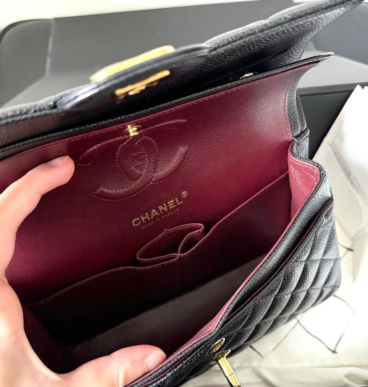 Chanel Small Classic Flap Black Caviar leather with Gold Hardware