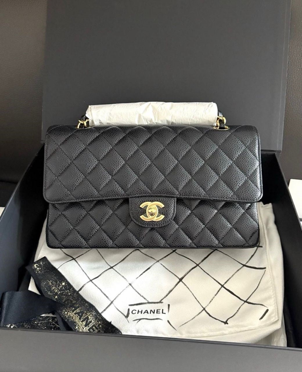 Chanel Medium Classic Flap  Black  (Mint, Full Set)