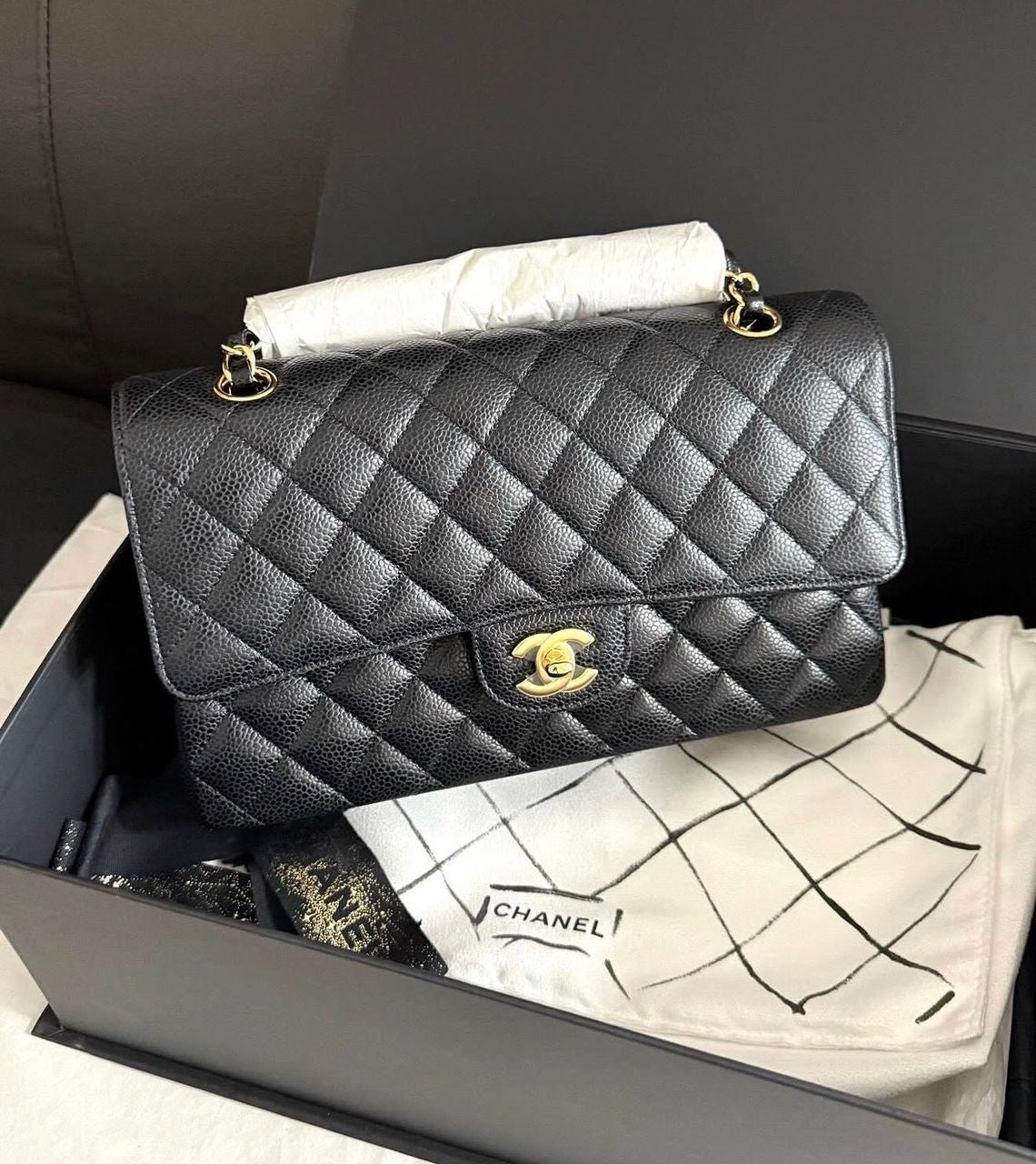 Chanel Medium Classic Flap  Black  (Mint, Full Set)