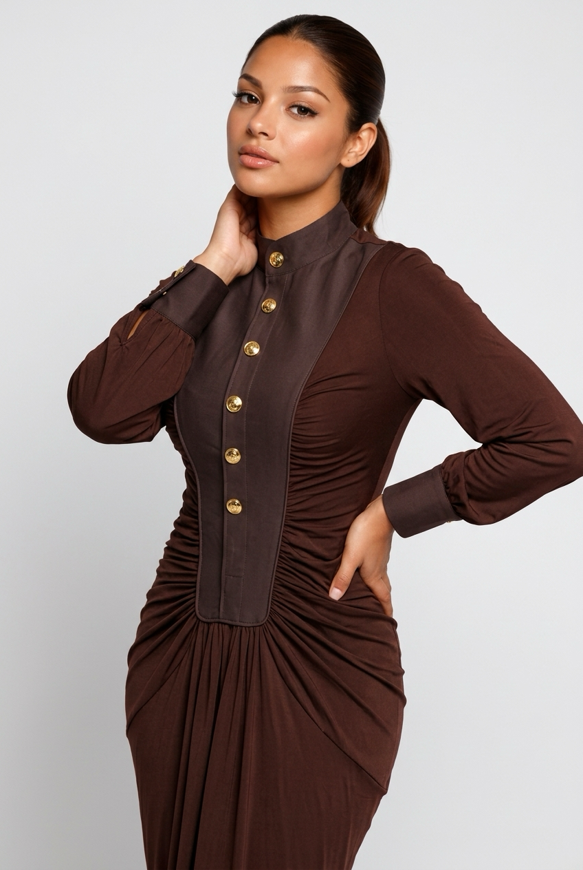 Sienna Ruched Maxi Dress- Chocolate Brown