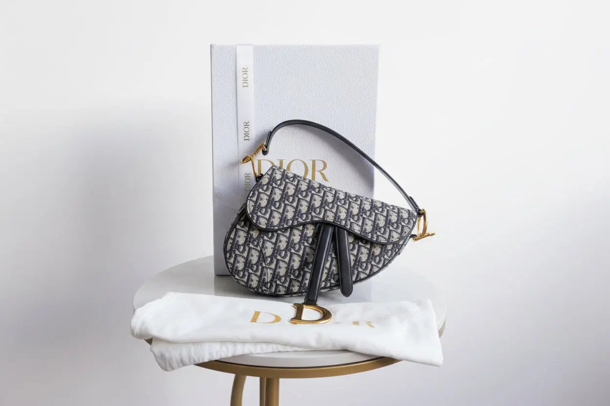 Christian Dior Saddle Bag Oblique Canvas Navy Preowned Designer Shoulder Bag Theana