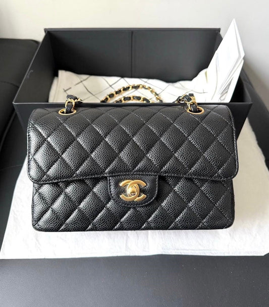 Chanel Small Classic Flap Black Caviar leather with Gold Hardware